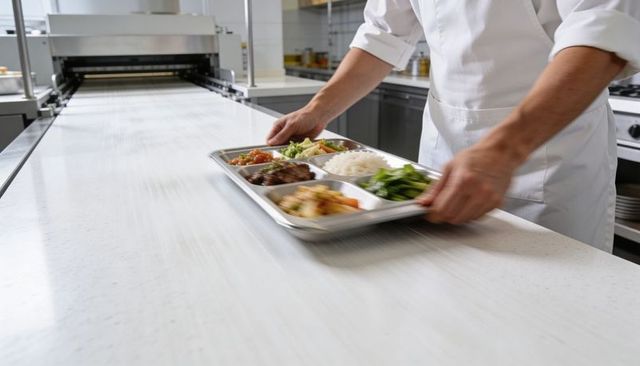 Chef sliding stainless-steel compartment meal tray along white serving counter in cafeteria