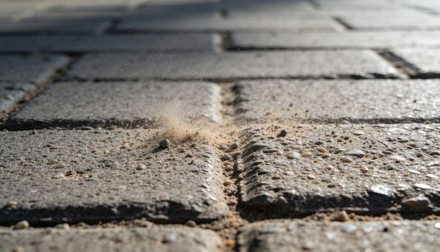 Sunlit concrete paver joint releasing sand dust and pebbles on patio surface