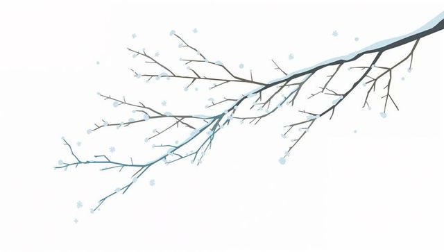 Minimalist winter branch with snow clumps and blue flakes on pale sky, delicate lineart