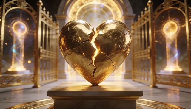 Golden heart cracking with inner light in opulent ceremonial shrine