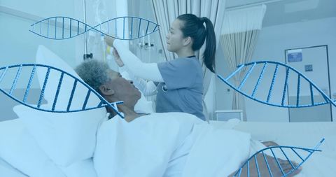 Nurse Administering IV Fluids with DNA Focus in Healthcare