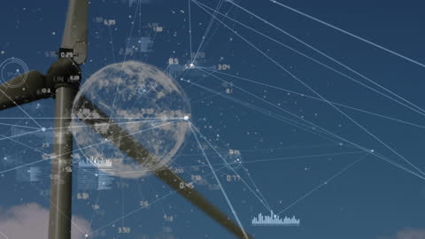 Futuristic Data Networks Over Wind Turbine Animation