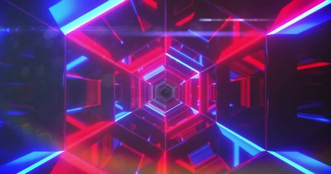Futuristic Neon Tunnel with Vibrant Red and Blue Geometric Patterns