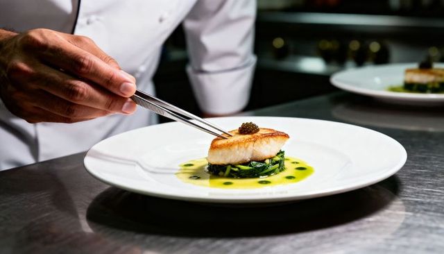 Chef placing caviar on seared fish fillet over wilted greens with herb oil droplets