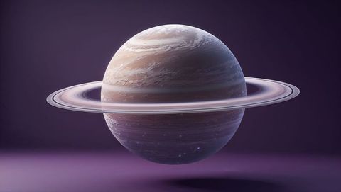A captivating showcase of planet Venus floating in front of a cosmic background with a purple tone and highlighting its distinct rings. This image holds potential for either advertising futuristic or Sci-Fi novels, educational material related to astronomy, or graphic design projects emphasizing space themes.