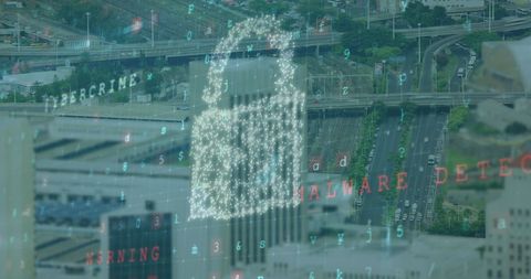 Cityscape Overlay with Digital Padlock and Cybersecurity Alerts