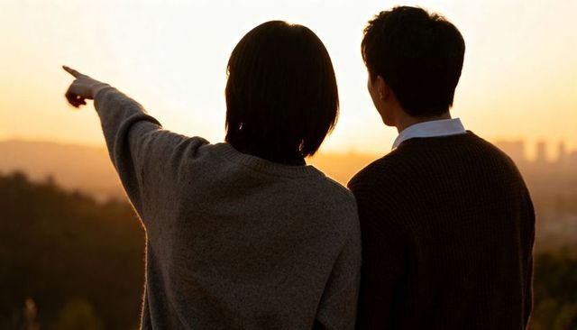 Young couple overlooking city skyline at sunset, pointing toward horizon from hilltop