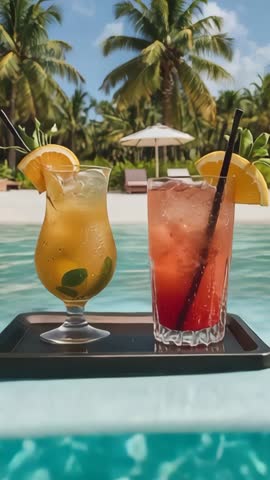 Floating serving tray holding two cocktails drifting through turquoise palm-fringed pool