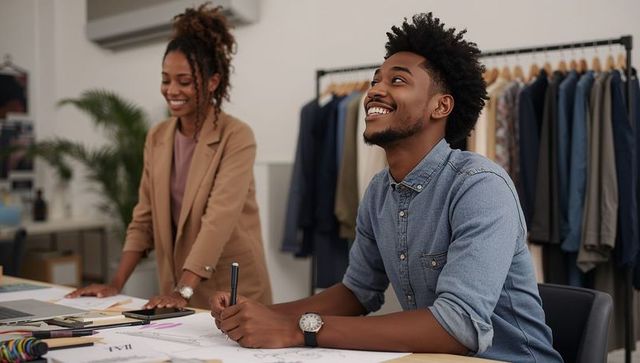 Fashion designers collaborating over sketches, fabric swatches and laptop for clothing line