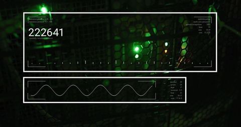 Server rack with green led and data overlay in data center