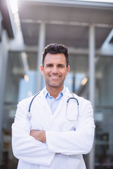 This image depicts a confident male doctor standing outside a hospital with a smile and arms crossed. Ideal for use in healthcare-related articles, medical websites, hospital brochures, and promotional materials for medical services.