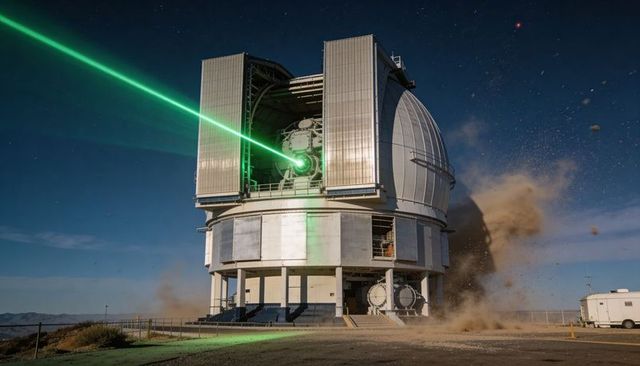 High-power observatory laser emitting from night dome telescope beneath starry sky with dust plume