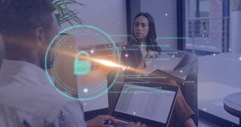 Office professionals in digital workspace with holographic padlock
