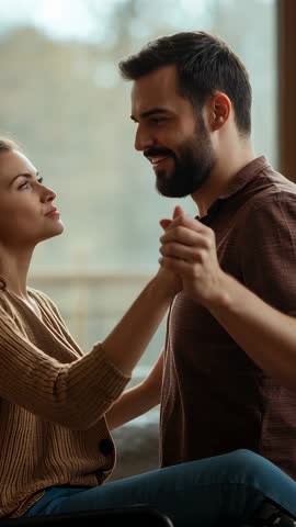 Couple Sharing Tender Slow Dance by Window, Reaching Hands and Gazing in Cozy Vertical Video