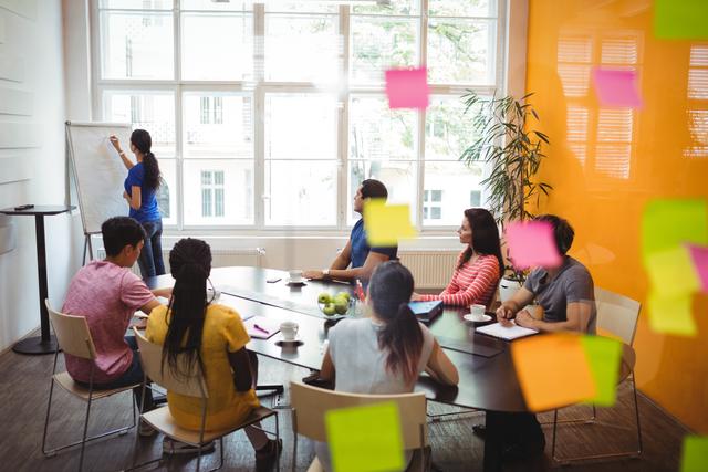 Diverse group of business executives engaged in a meeting in a modern office. One person is presenting at a whiteboard while others listen attentively. Colorful sticky notes are visible on a glass wall, indicating brainstorming and idea generation. Ideal for illustrating concepts of teamwork, collaboration, business strategy, and creative work environments.