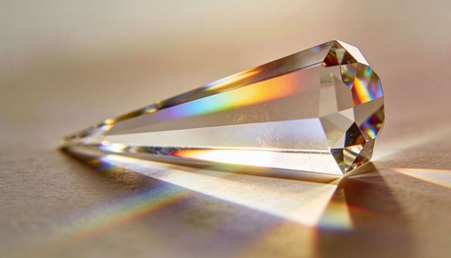 Faceted crystal prism casting rainbow spectrum across beige surface