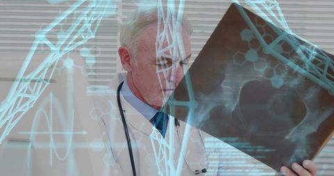 Senior doctor reviewing hip x-ray with holographic medical overlay for diagnostic analysis