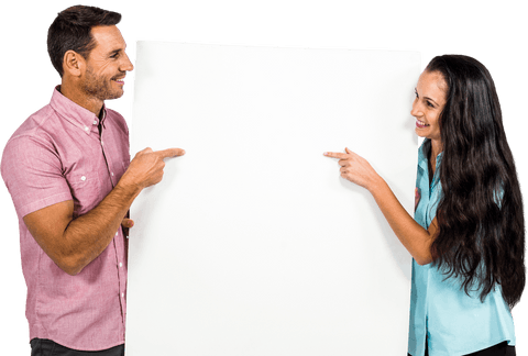 smiling couple pointing at large transparent blank sheet - Download Free Stock Videos Pikwizard.com