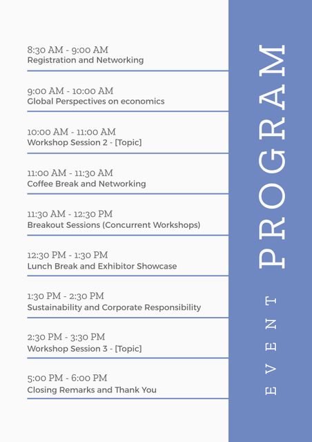 Schedule your day with ease. A clear event program layout for time management. This template, ideal for conferences, can also serve as daily planner for professionals