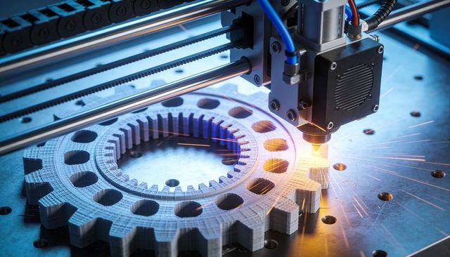 CNC laser cutting large metal gear on gantry producing sparks on machining bed industrial