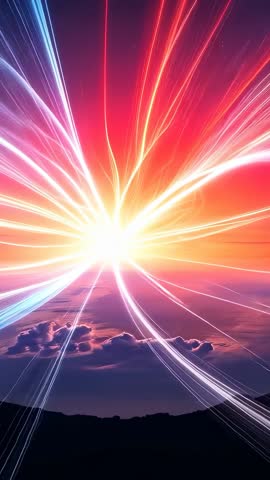Vertical cosmic burst sending red and blue beams across night sky over mountain ridge