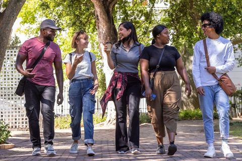 Diverse friends walking and chatting on sunny tree-lined college campus walkway