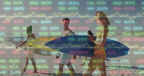 Surfers on beach with overlay of stock market data