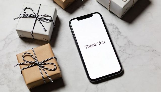Smartphone displaying thank you message with wrapped kraft gifts on marble flatlay