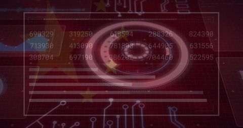Futuristic cybersecurity hud over chinese flag with target dial and data visualization
