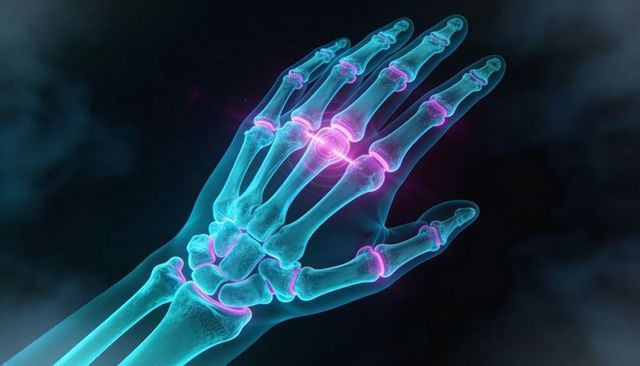 Translucent hand skeleton highlighting inflamed finger joints with neon cyan magenta glow