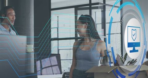 Coworkers Collaborating in Modern Office Embracing Cybersecurity Hologram and Screens