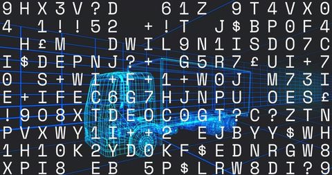 3d wireframe box truck rotating in neon blue grid with holographic alphanumeric overlay