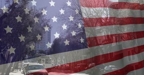 Overlaying American Flag Revealing Urban Hill Street with Cable Car and Row Houses