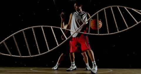 Dynamic basketball player with dna helix symbolizing athleticism