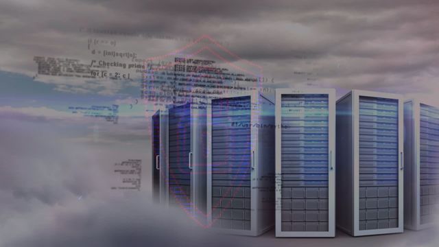 This digital visual showcases the integration of data processing with cloud computing technology. Featuring a modern animation of server towers against a dynamic cloud backdrop, overlaid with flowing code, it emphasizes connectivity and technological advancement. Ideal for use in tech presentations, communication networks, cloud service advertising, and IT education materials.