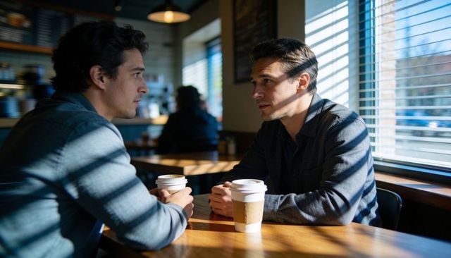 Two Men Having Coffee in Sunlit Cafe with Window Blinds Casting Striped Shadows