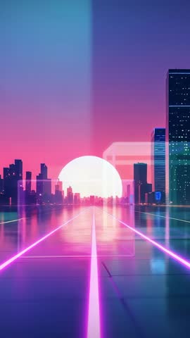 Gliding Along Neon Grid Toward Sunrise Cyberpunk Skyline | Vertical Futuristic City Loop