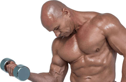 Shirtless muscular athlete lifting dumbbell transparent background