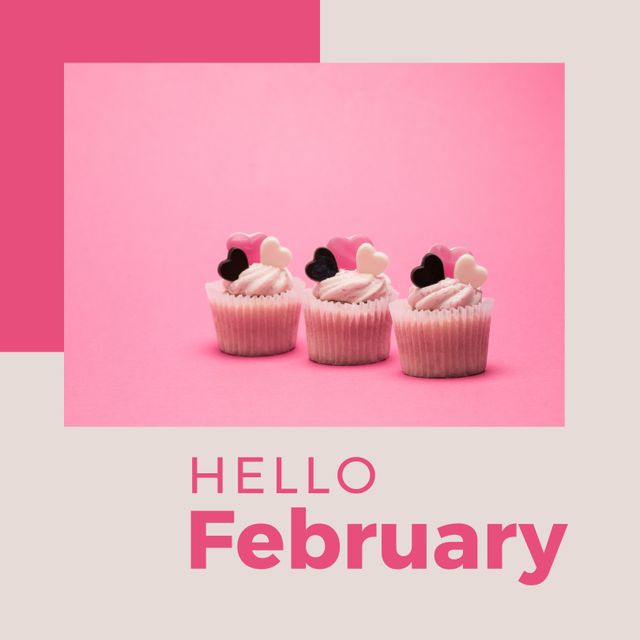 Hello February Greeting With Heart Decorated Cupcakes on Pink Background - Download Free Stock Videos Pikwizard.com