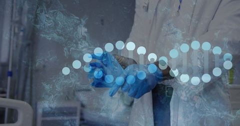 Clinician adjusting blue nitrile gloves with dna helix overlay in hospital laboratory