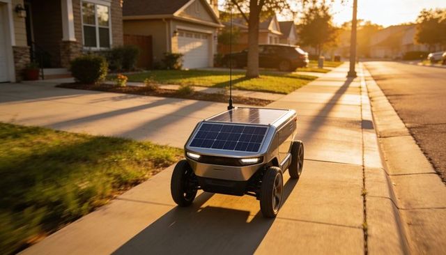 Autonomous solar-powered delivery robot rolling along suburban sidewalk at golden hour