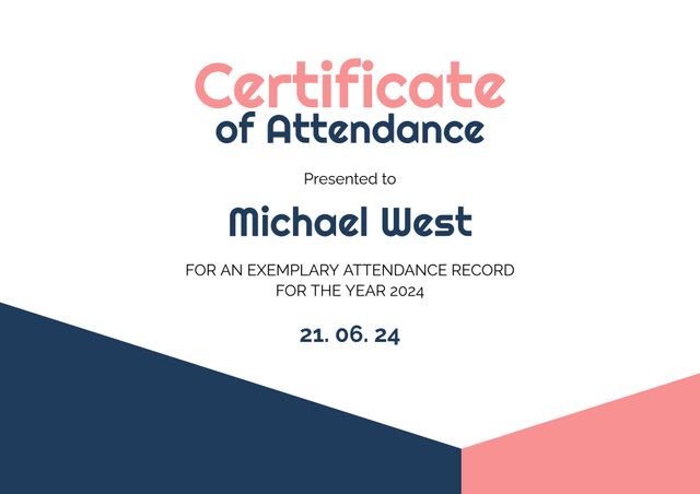 Modern certificate of attendance featuring a clean and elegant geometric design. Perfect for recognizing exemplary attendance records in educational or professional settings. Suitable for use by institutions, schools, companies, and organizations to acknowledge and celebrate commitment and reliability.