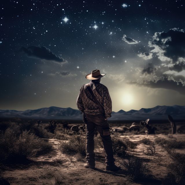 This image captures a cowboy standing under a starry night sky in a vast desert landscape, symbolizing solitude and adventure. Perfect for use in western-themed projects, travel blogs, or lifestyle advertisements emphasizing the spirit of exploration and the beauty of wilderness.