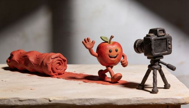 Smiling clay apple posing for camera on wooden tabletop with rolled red clay