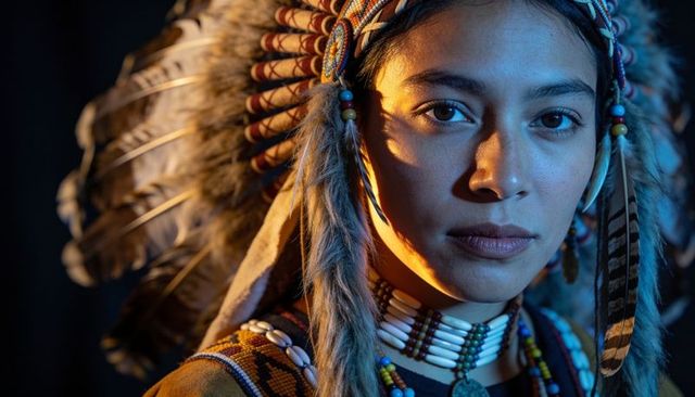 Young woman wearing feathered warbonnet and layered beadwork in dramatic portrait