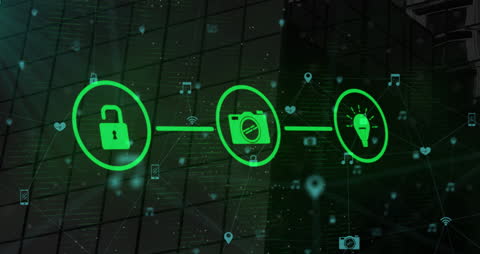 Digital Green Icons on Network Illustrate Technology and Security