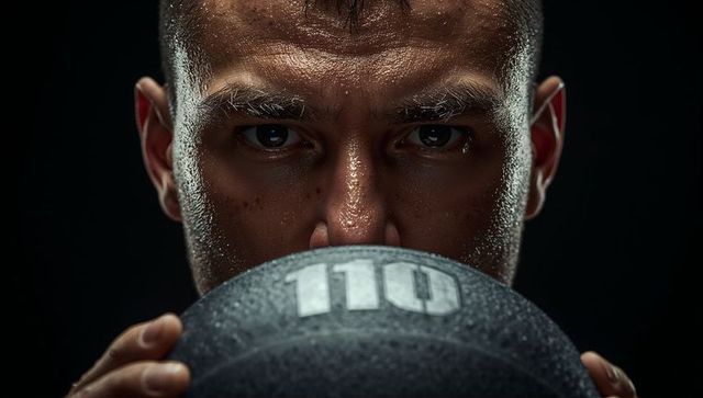 Intense male athlete holding 110 medicine ball closeup sweat texture studio fitness