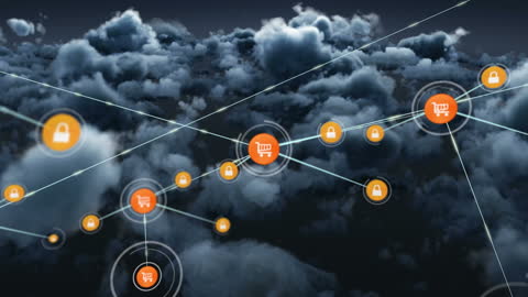 Digital Cloud Network with E-commerce Icons Overlay
