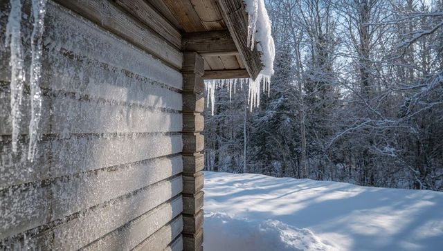 Sunlight gleaming on frosted log cabin corner with long icicles