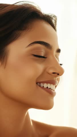 Vertical video showing smiling woman pivoting head to frontal pose radiating confidence and elegance